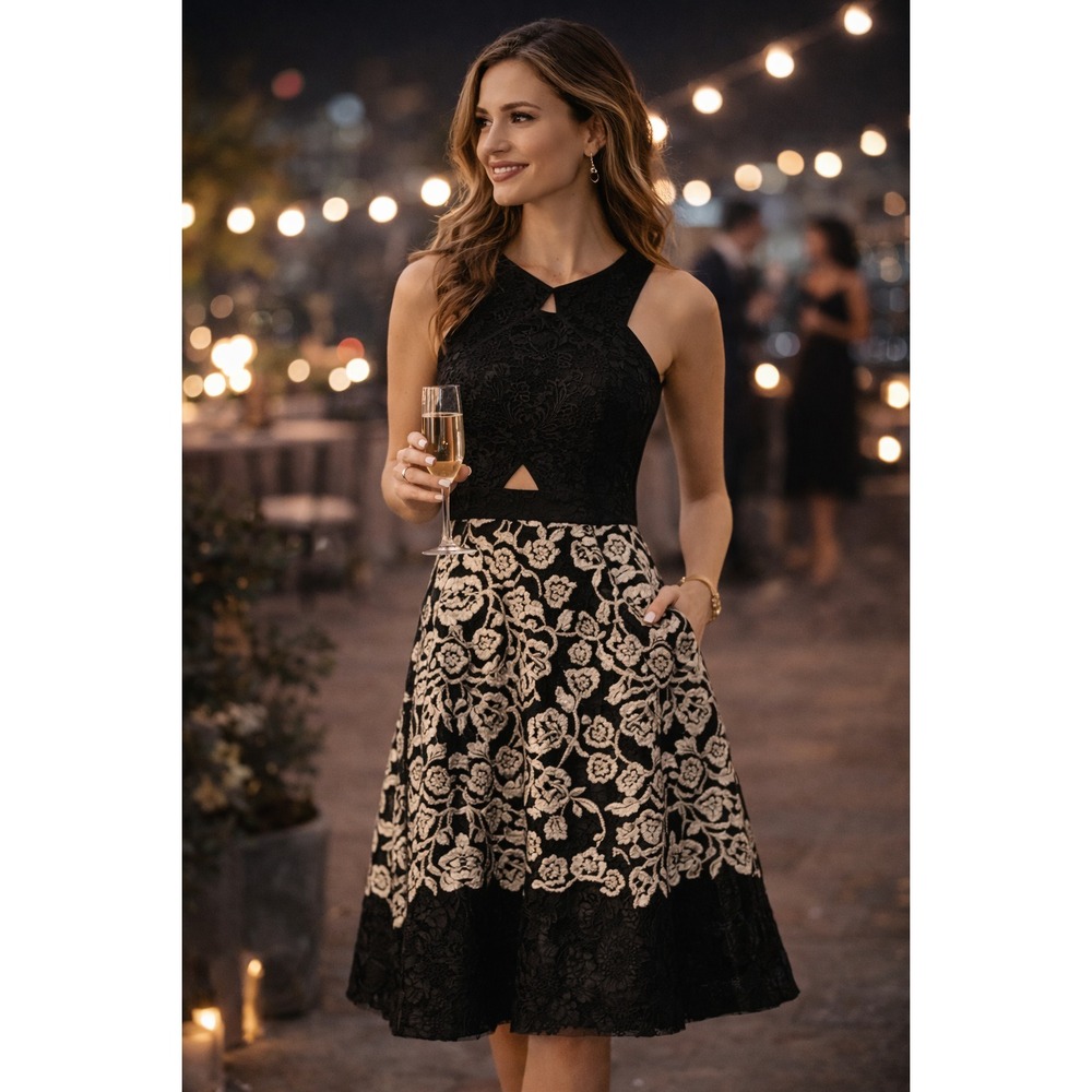Gianni Bini Black Gold Lace Midi Dress Women's 8 A-Line Cocktail Party Dress